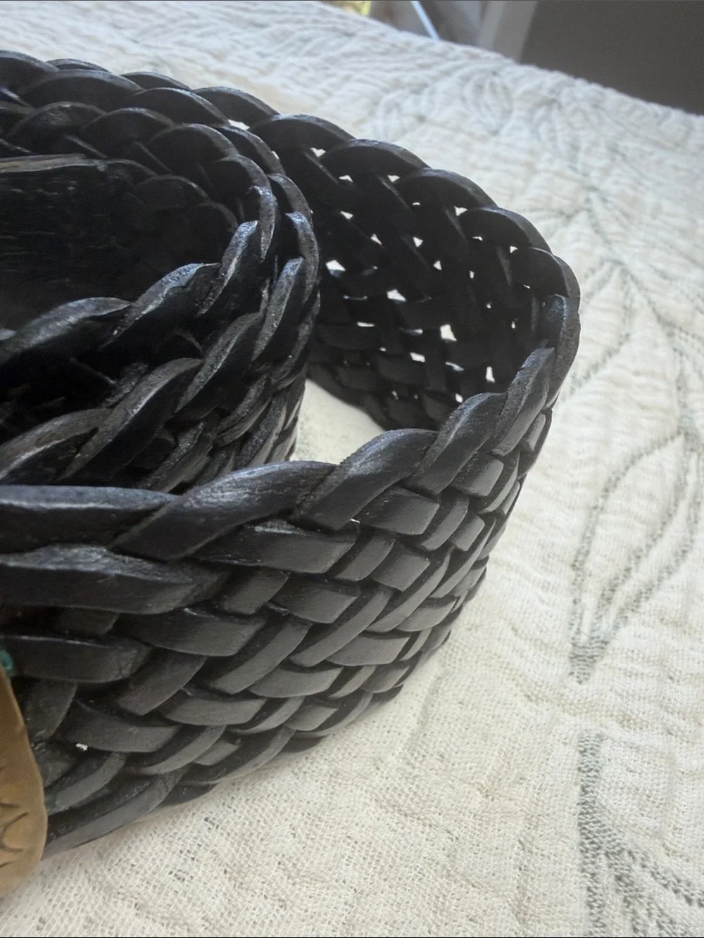 Vintage Woven Black Leather Belt with Brass Skull Buckle